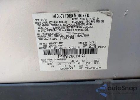2013 Ford Taurus Limited from USA, damaged, VIN 1FAHP2F83DG231176